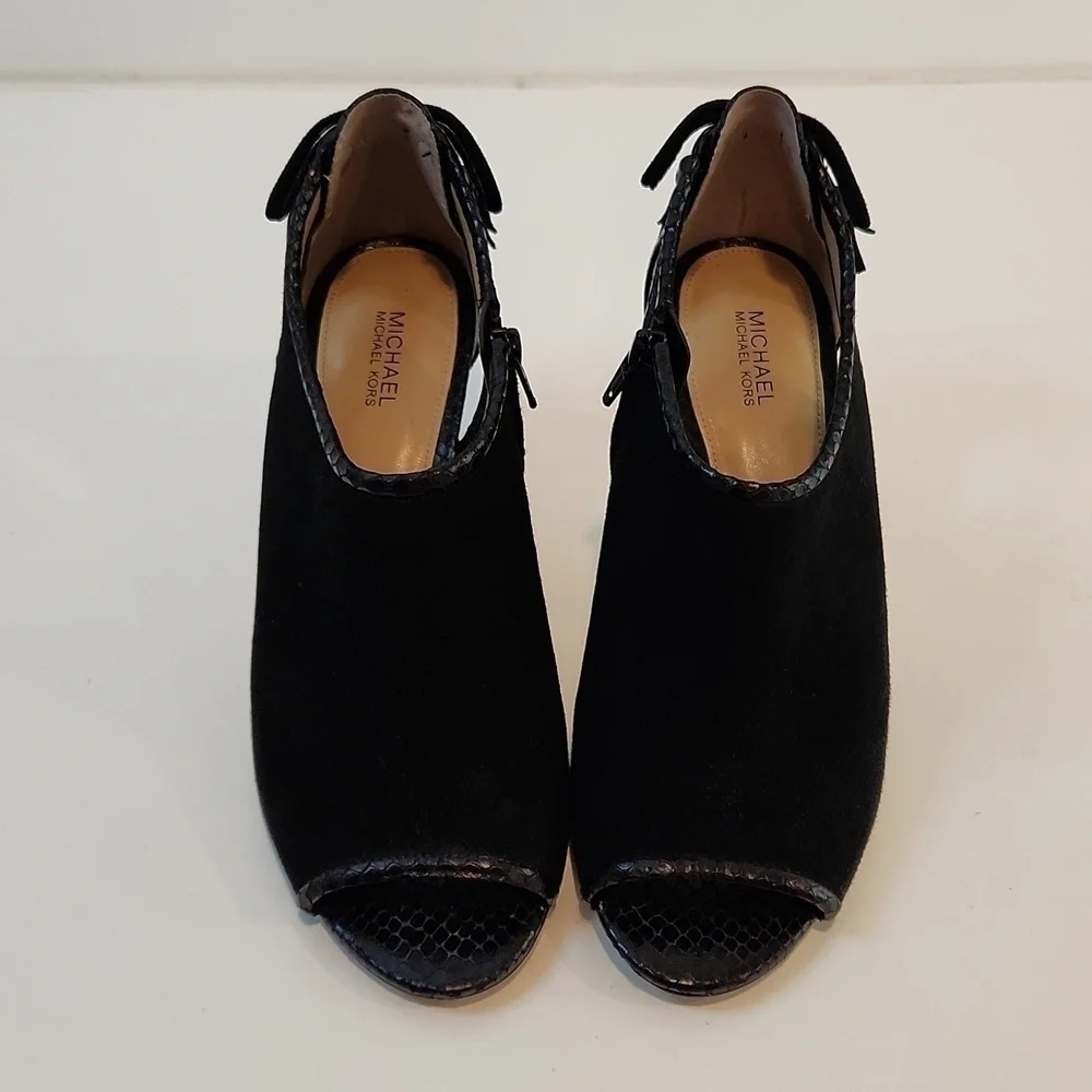 Michael Kors Open Toe Leather & Suede Boot Heels Shoes SZ 8M EU 38.5M EUC NICE!